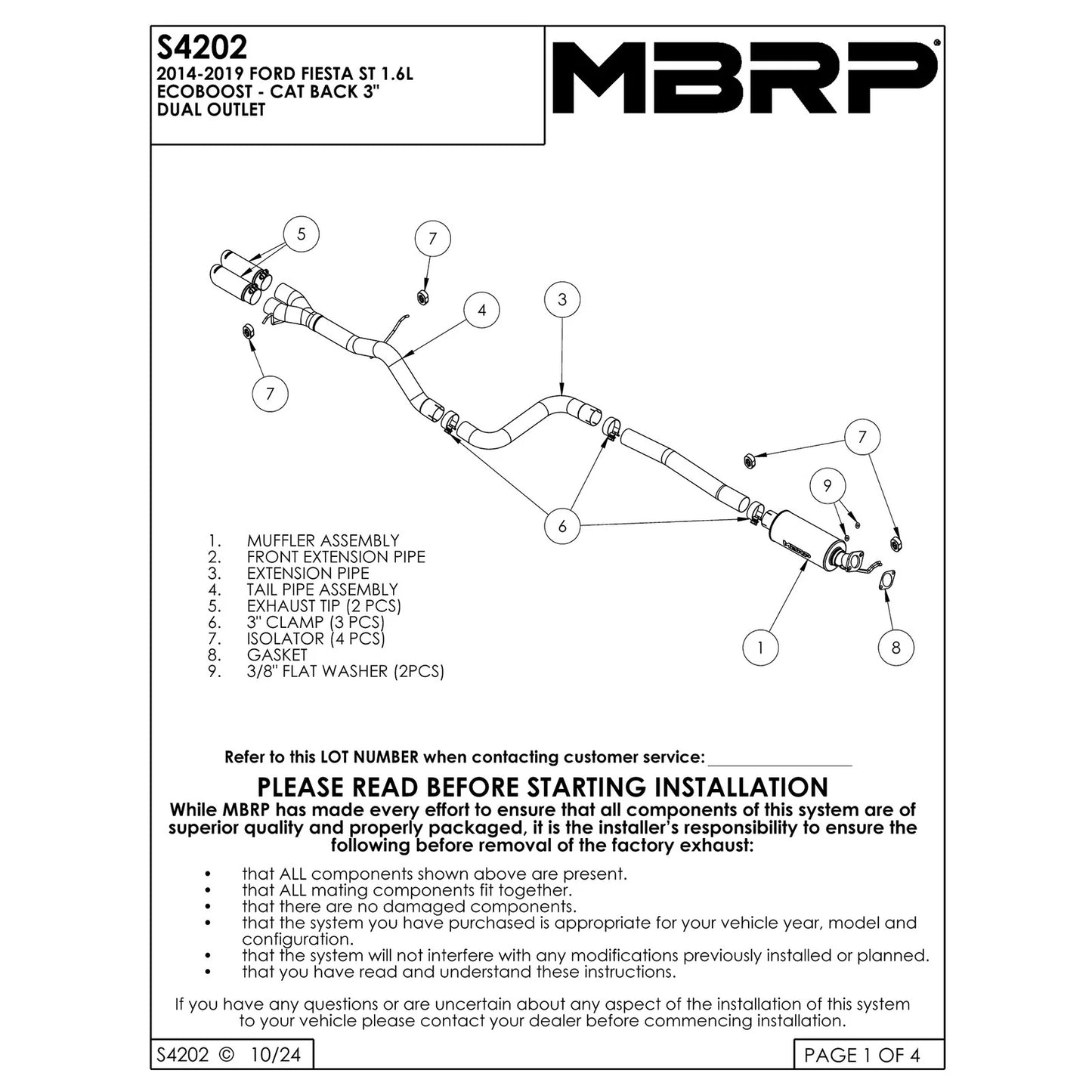 MBRP 14-19 Ford Fiesta ST 1.6L EcoBoost 3in Dual Outlet Alum Cat Back