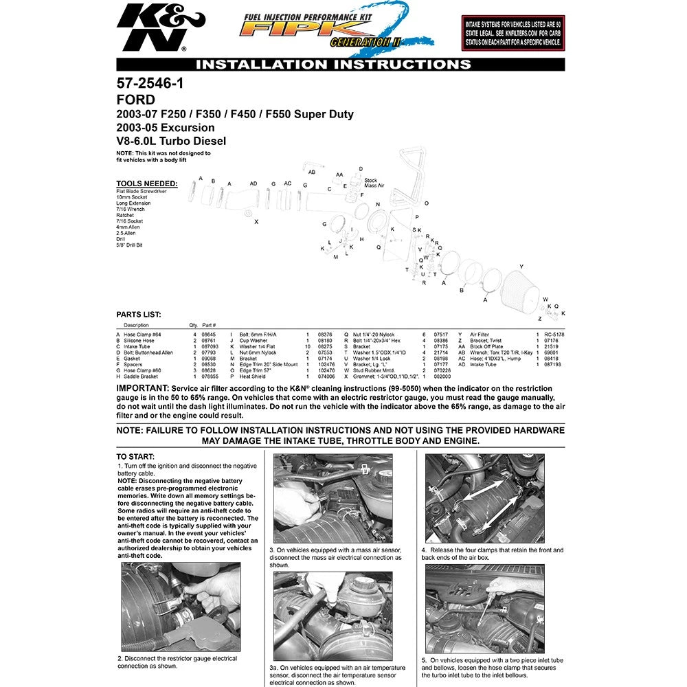 K&N 03-07 Ford F-Series / Excursion V8-6.0L Performance Intake Kit