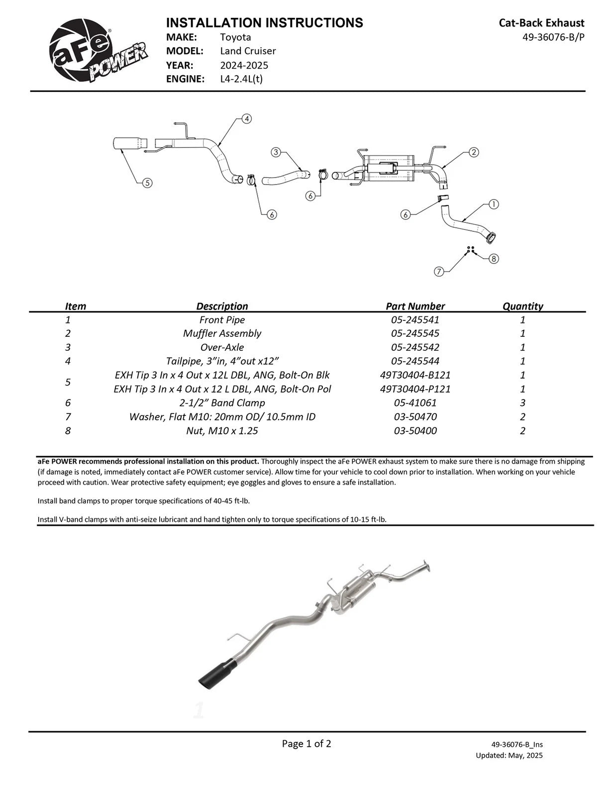 aFe 24-25 Toyota Land Cruiser 2-1/2in to 3in 304 SS Cat-Back Exhaust System w/ Black Tip
