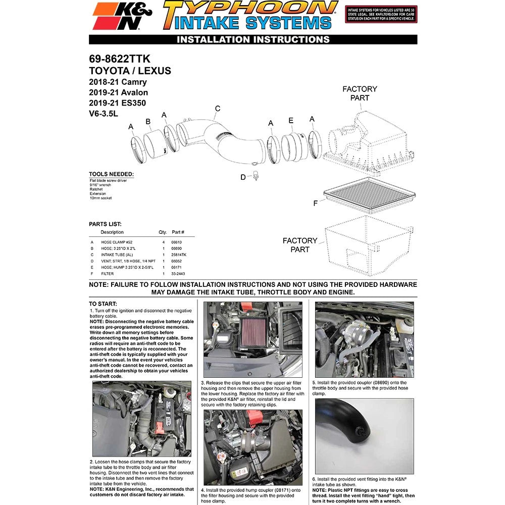 K&N 2018 Toyota Camry 3.5L Typhoon Air Intake