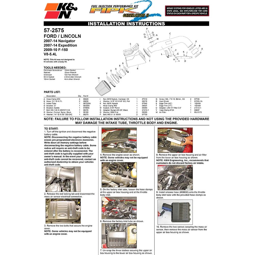 K&N 07-10 Ford Expedition / 09-10 F150 / 07-10 Lincoln Navigator 5.4L V8 Performance Intake Kit