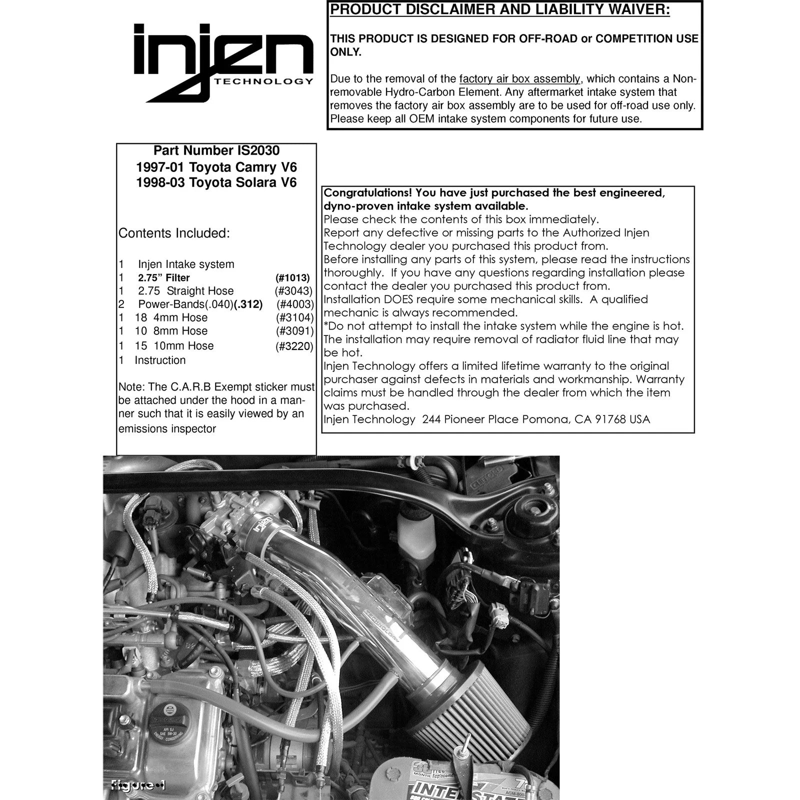 Injen 97-01 Camry 98-03 Solara V6 (No CARB for 03 Solara) Polished Short Ram Intake