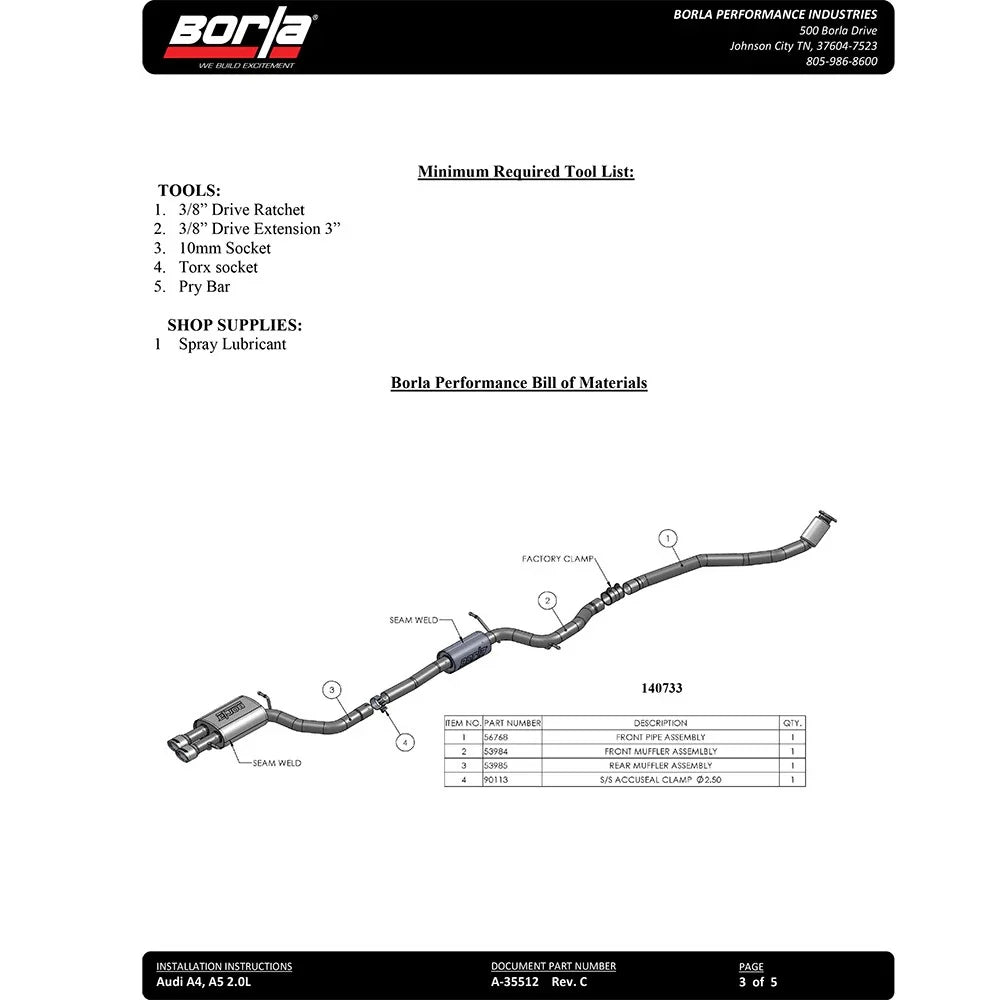 Borla 10-16 Audi B8/B8.5/A5 2.0L AT/MT AWD 2DR S-Type Catback Exhaust