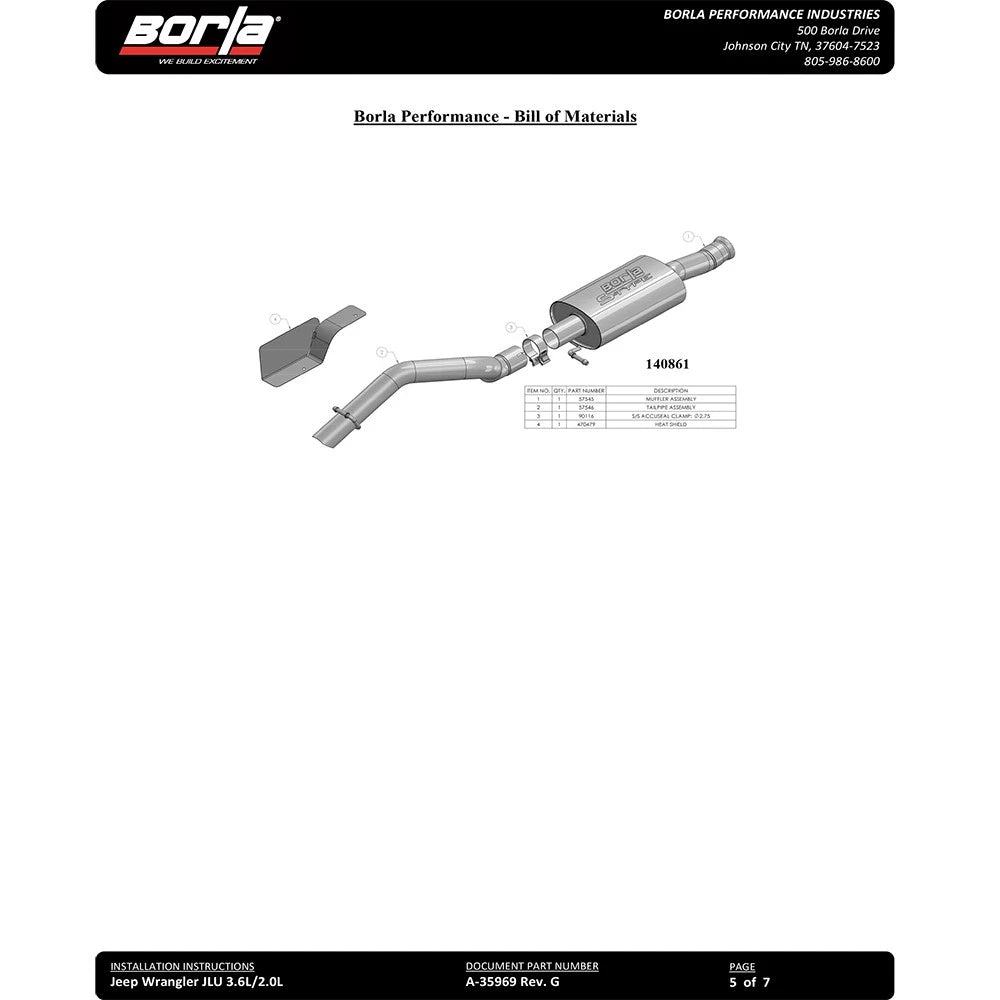 Borla 18-20 Jeep Wrangler 3.6L AT/MT 4WD 2DR Touring Cat-back