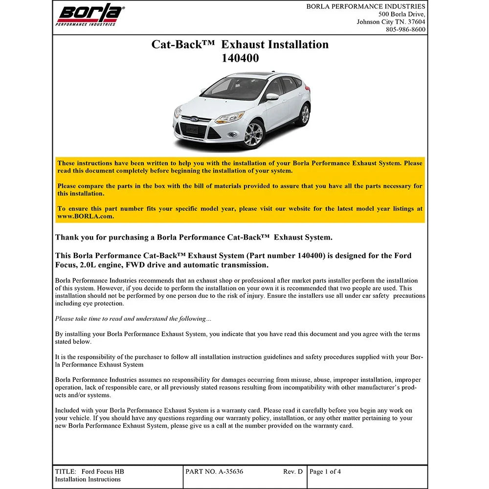 Borla 12-16 Ford Focus SE Hatchback w/o Sport Package 2.0L 4cyl SS Catback Exhaust