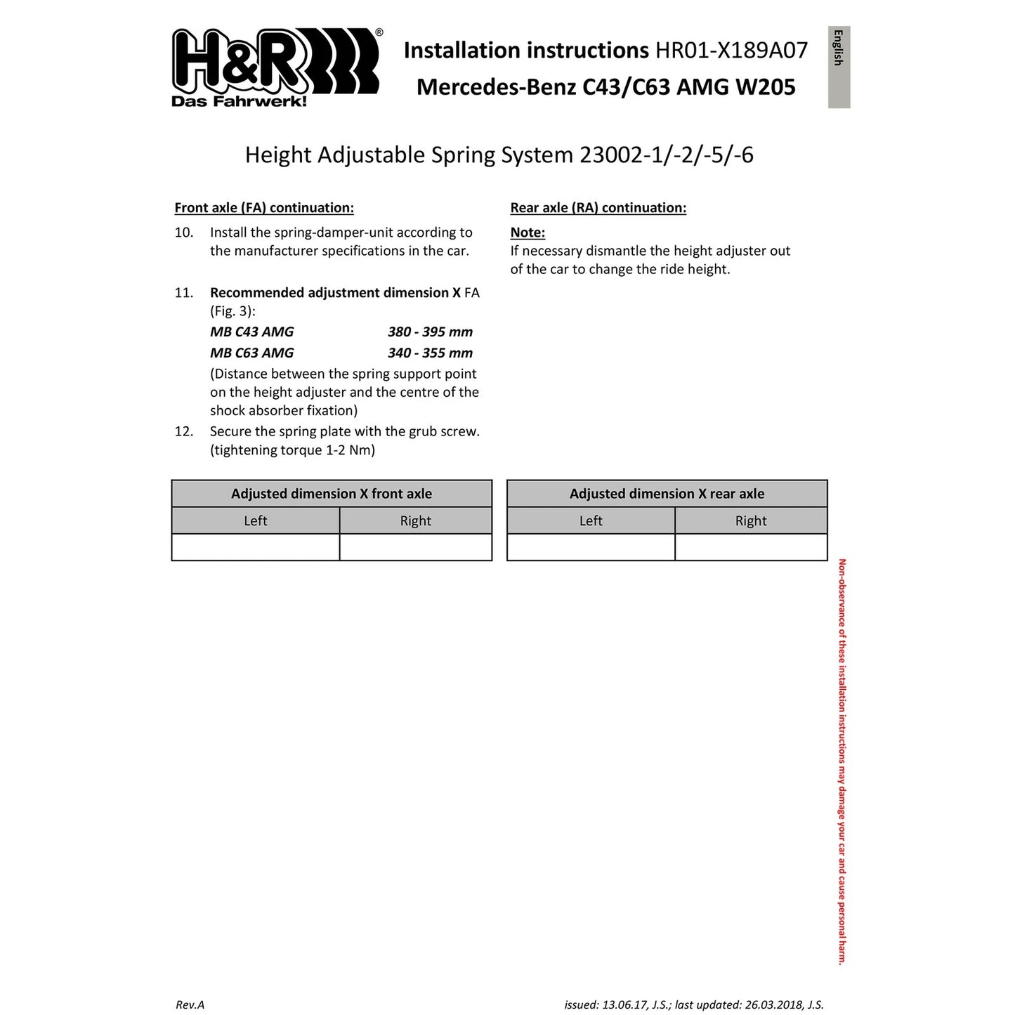 H&R 15-21 Mercedes-Benz C63 AMG Sedan W205 VTF Adjustable Lowering Springs (w/AMG Ride Control)