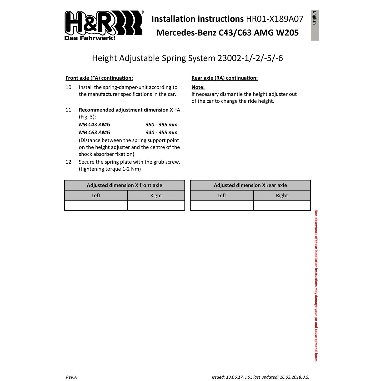 H&R 15-21 Mercedes-Benz C63 AMG Sedan W205 VTF Adjustable Lowering Springs (w/AMG Ride Control)