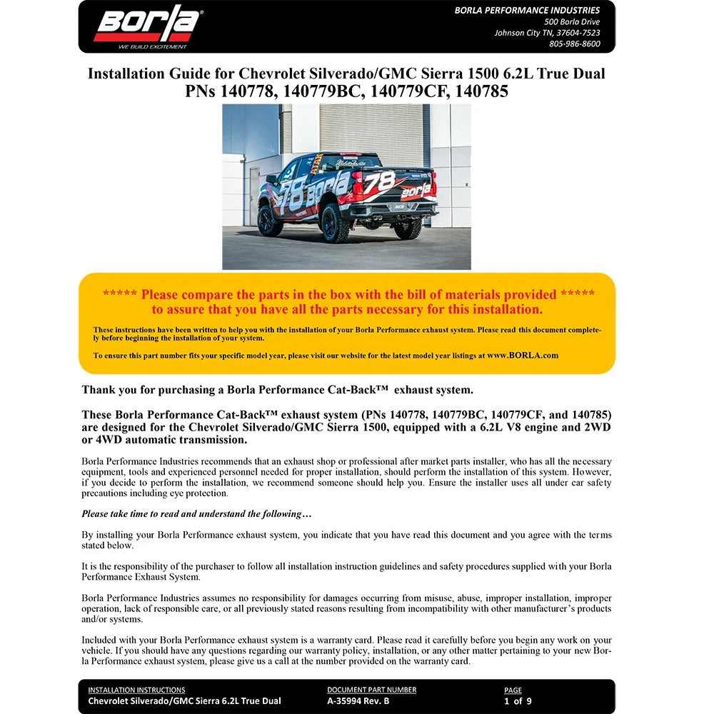 Borla 2019 Chevrolet Silverado / GMC Sierra 1500 S Type Catback Exhaust - 2.75in Pipe Diameter