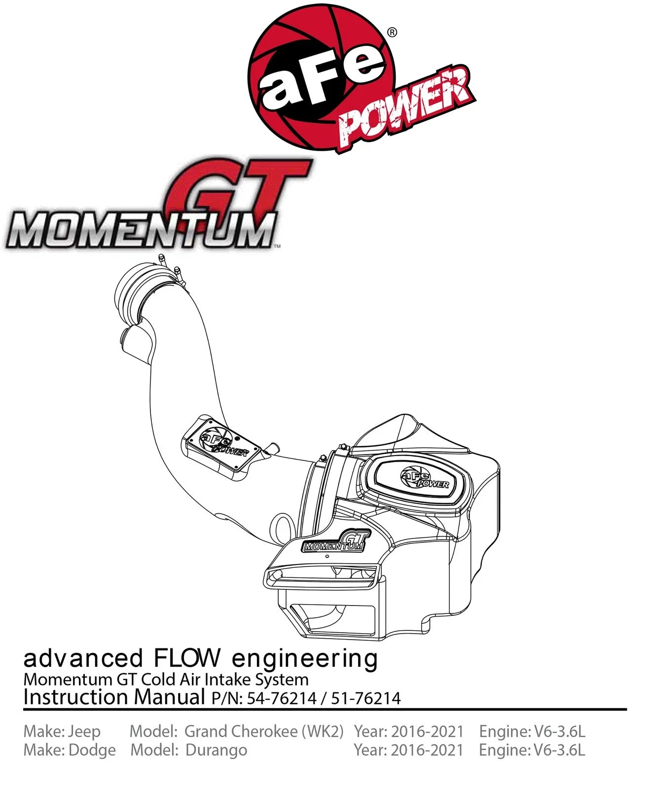aFe POWER Momentum GT Pro DRY S Cold Air Intake System 16-17 Jeep Grand Cherokee V6-3.6L