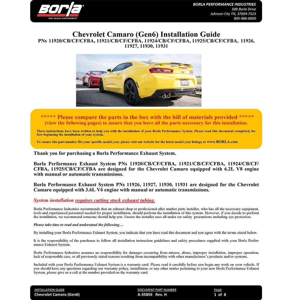 Borla 2016-2017 Chevy Camaro V8 SS AT/MT ATAK Rear Section Exhaust with Dual Mode Valves