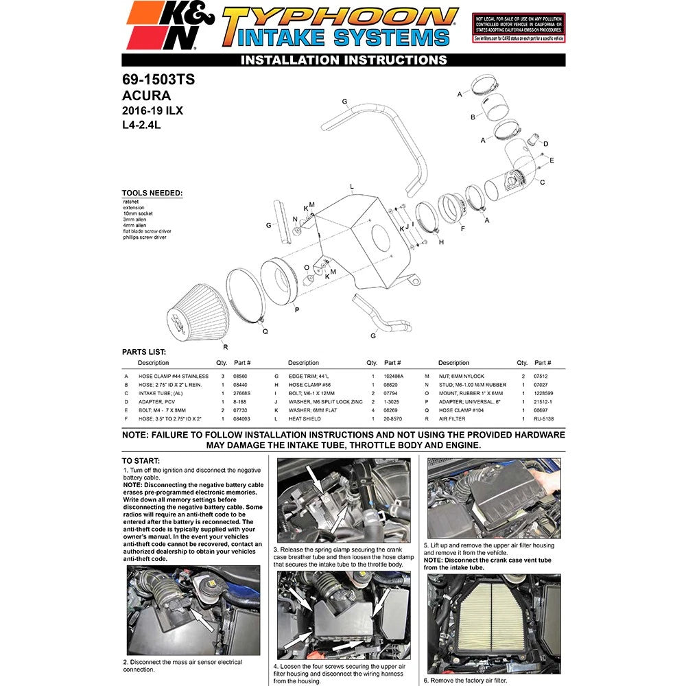 K&N 16 Acura ILX 2.4L Typhoon Complete Cold Air Intake