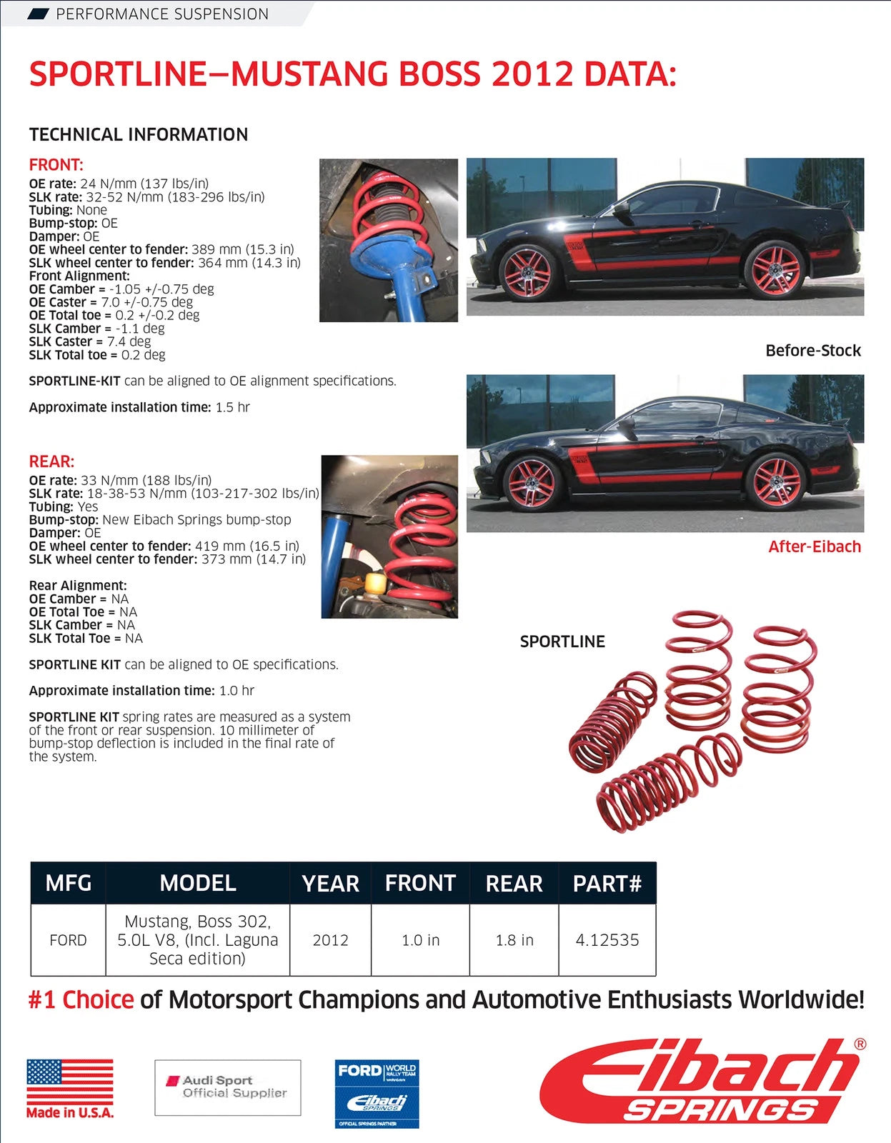 Eibach Sportline Kit for 11 Ford Mustang Convertible 3.7L-V6/5.OL-V8