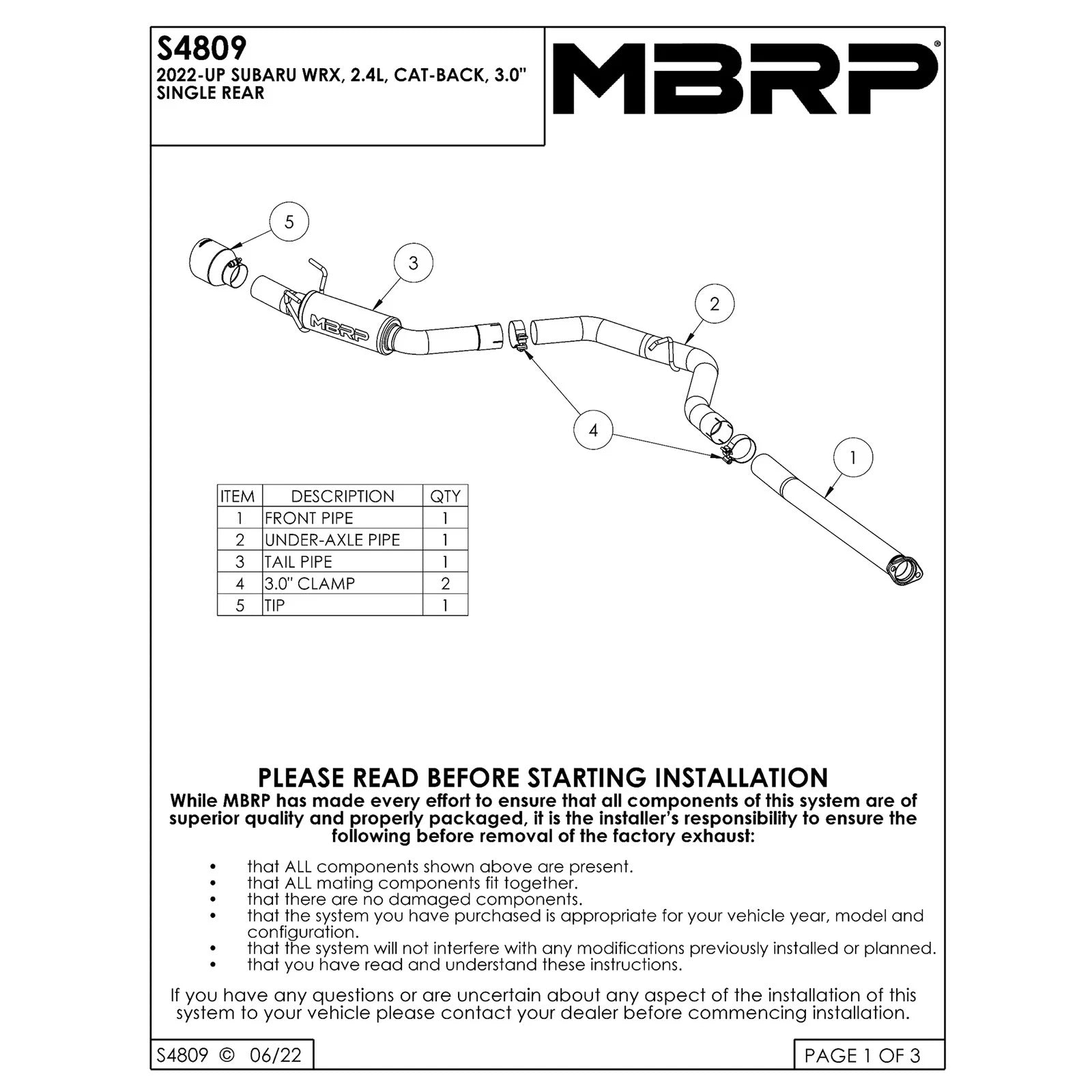 MBRP 2022 Subaru WRX 2.4L 3in Cat Back 5in OD w/ Single Burnt Tip - T304