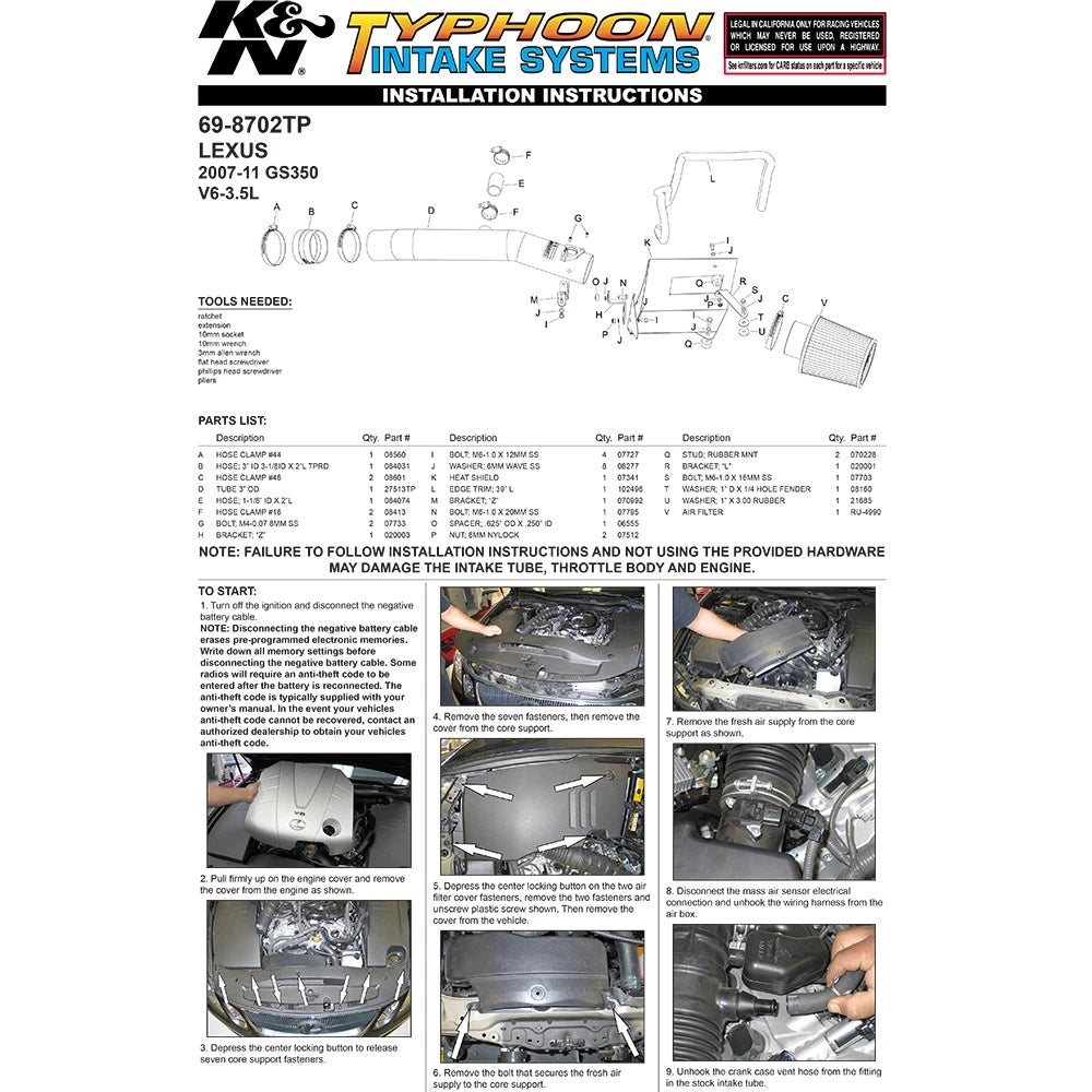 K&N 07-09 Lexus GS35 V6-3.5L Polished Typhoon Intake