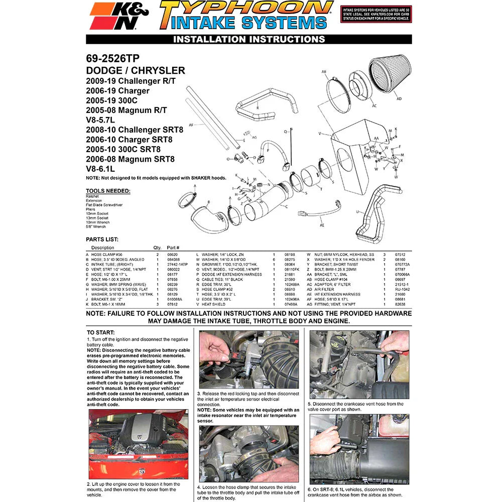 K&N 05-08 Magnum/06-13 Charger/08-13 Challenger / 05-13 Chrysler 300C V8 5.7L Typhoon C/A Intake