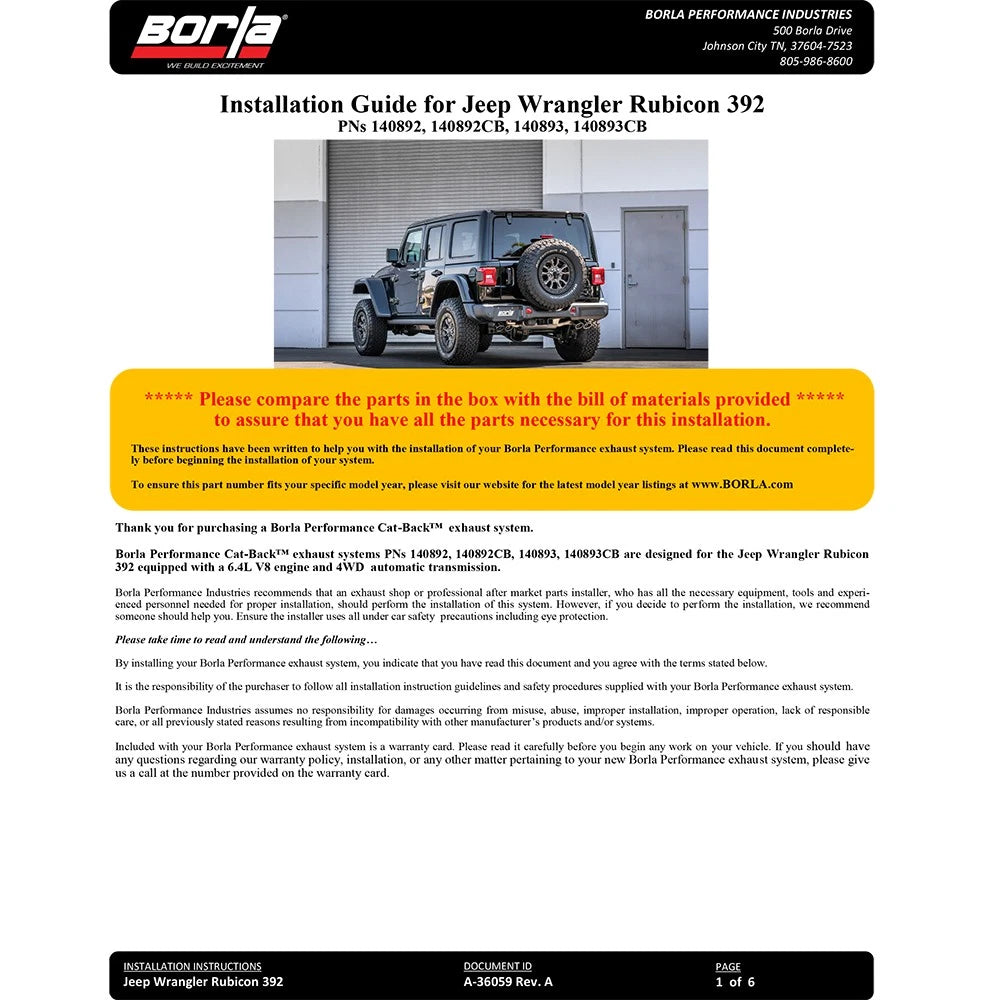 Borla 21-22 Jeep Wrangler Rubicon 392 6.4L V8 AT 4WD 4DR ATAK Cat-Back Exhaust - Coated Black