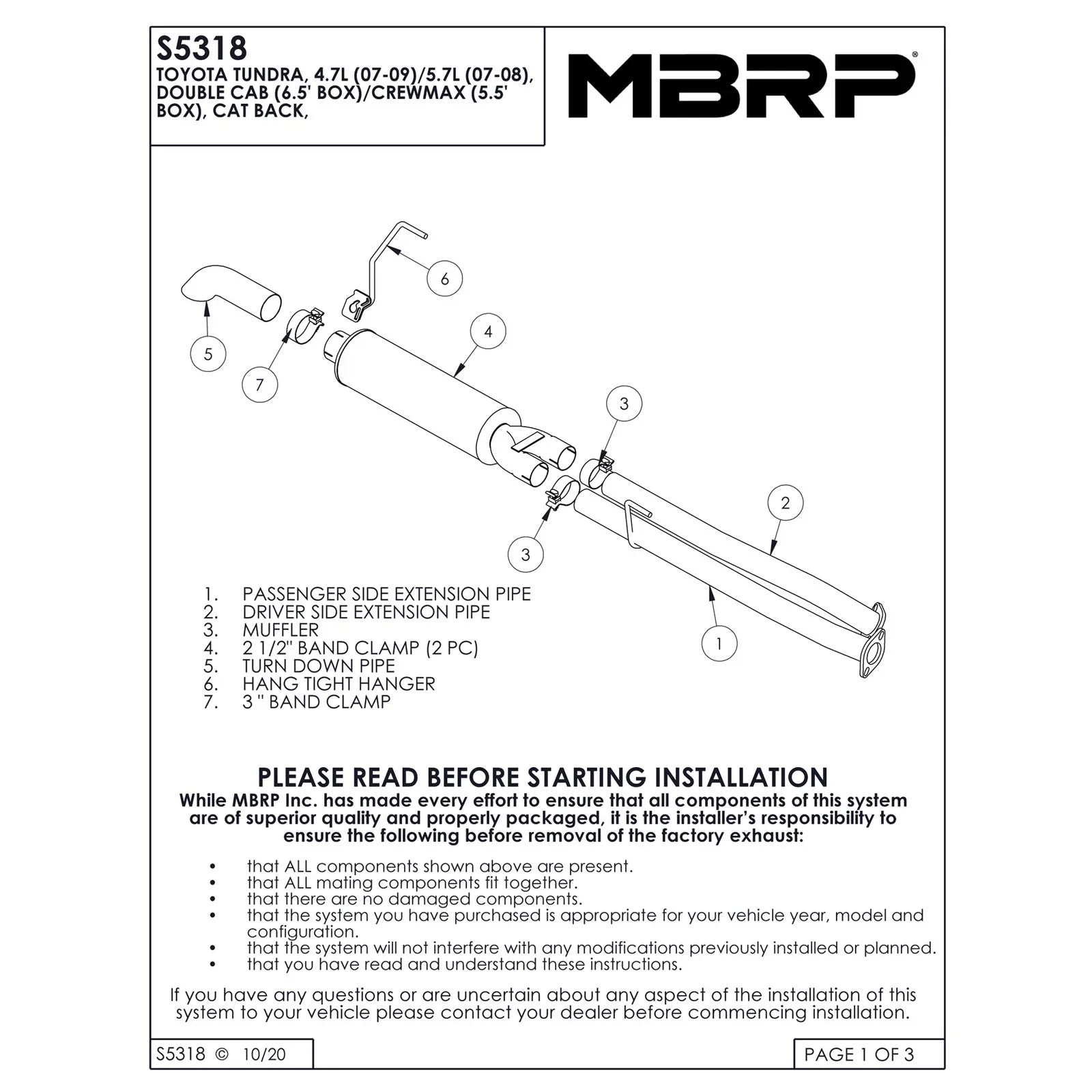 MBRP 07-08 Toyota Tundra Cat Back Turn Down Single Side Aluminized Exhaust