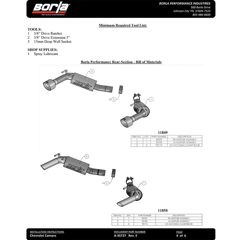 Borla 14-15 Chevy Camaro 3.6L V6 RWD Single Split Rr Exit Touring Exhaust (rear section only)
