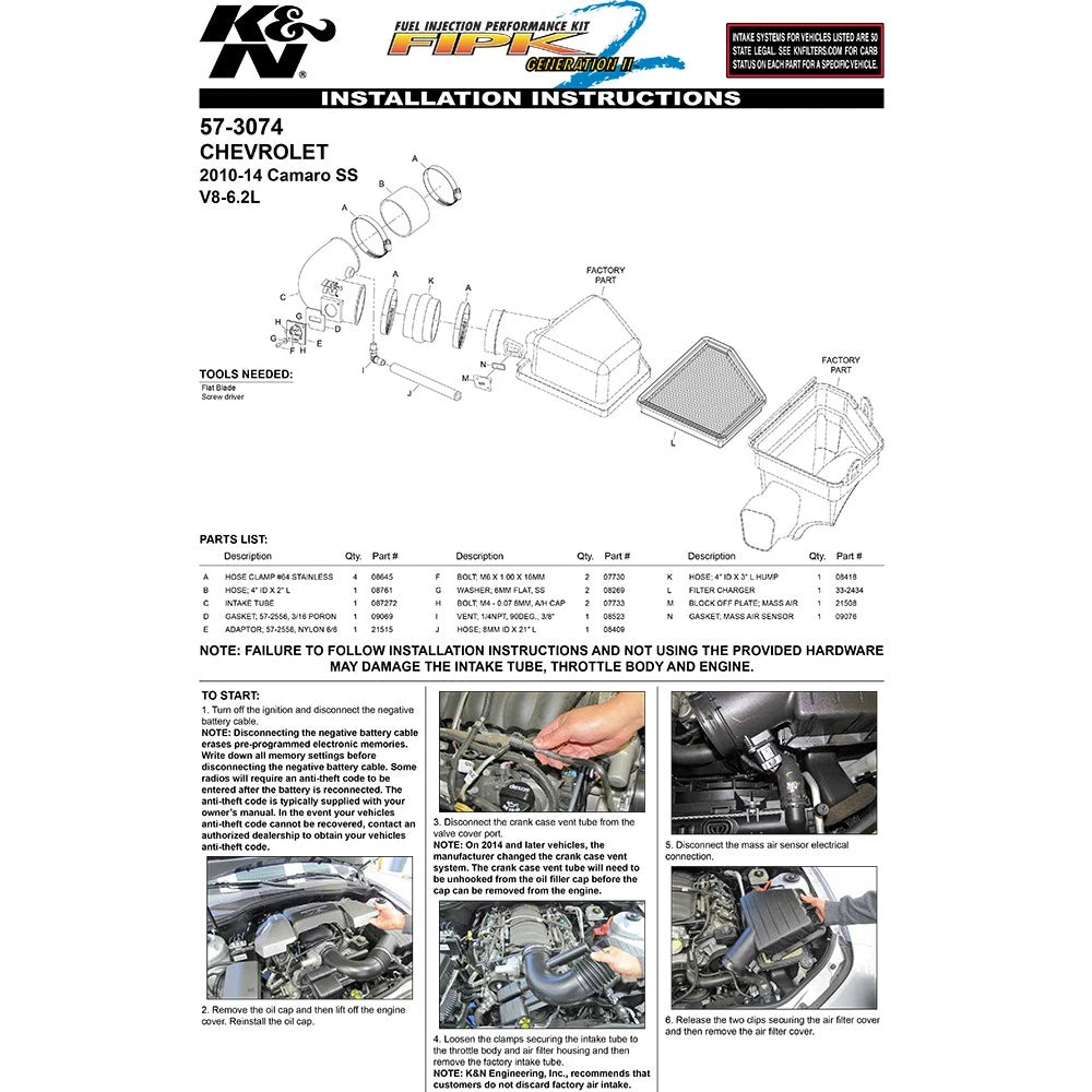 K&N FIPK 10-14 Chevy Camaro V8 6.2L Performance Intake Kit