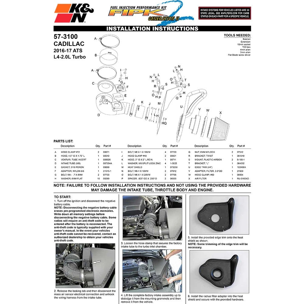 K&N 16-17 Cadillac ATS L4-2.0L Turbo 57 Series FIPK Performance Intake Kit