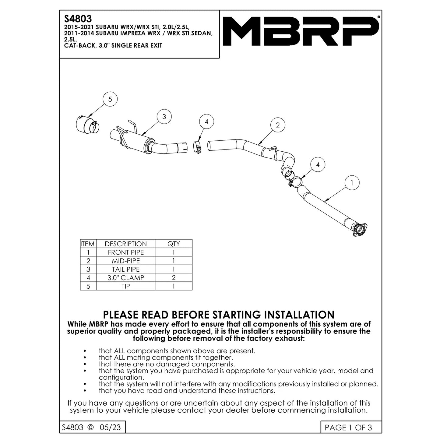MBRP 15-21 Subaru WRX 2.0L/STI 2.5L/ 11-14 Sedan 3in Cat-Back Single Rear Exit - T304
