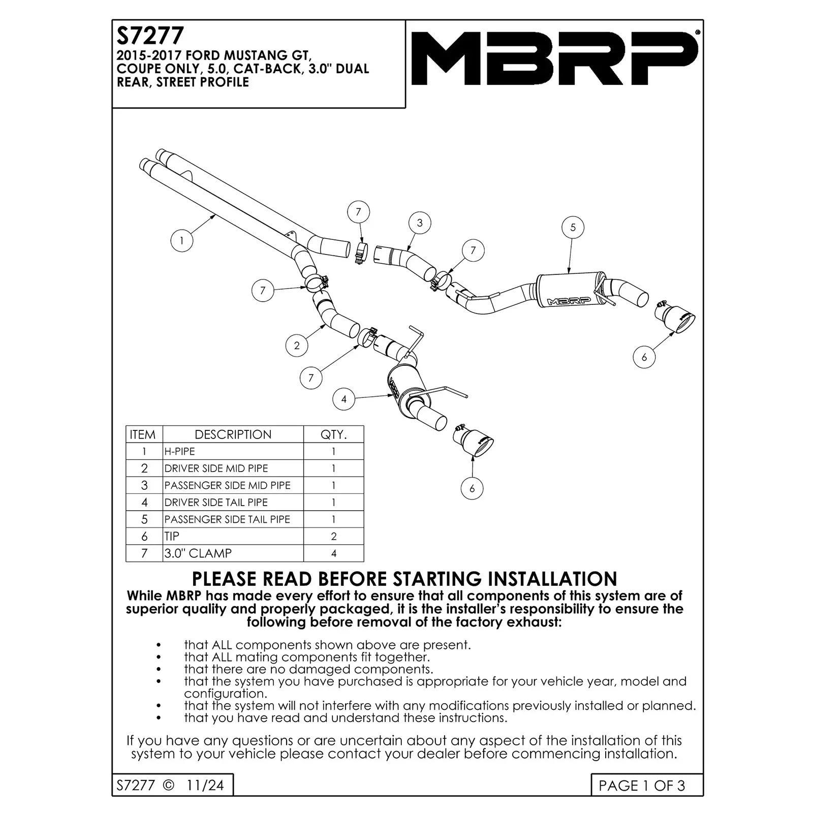 MBRP 15 Ford Mustang GT 5.0 3in Cat Back Dual Split Rear Street Version 4.5in Tips - Black Coated