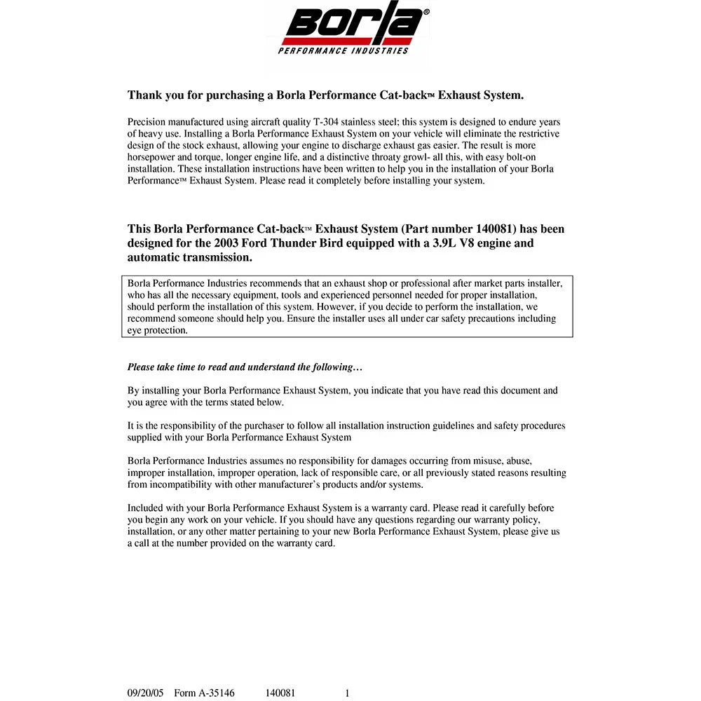 Borla 03 Thunderbird 3.9L V8 AT RWD 2 DR Catback Exhaust