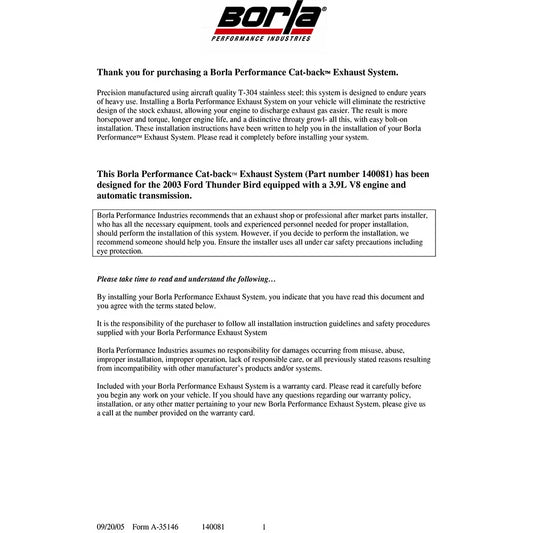 Borla 03 Thunderbird 3.9L V8 AT RWD 2 DR Catback Exhaust