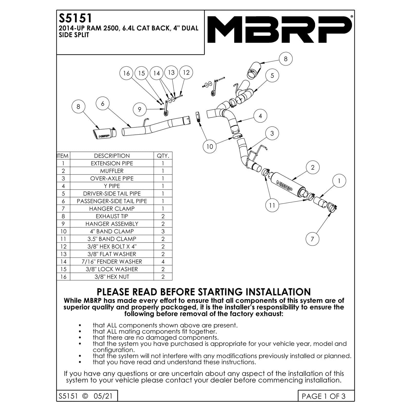 MBRP 14-16 Ram 2500 6.4L 4in 409 SS Dual Side Split Outlet Cat Back Exhaust