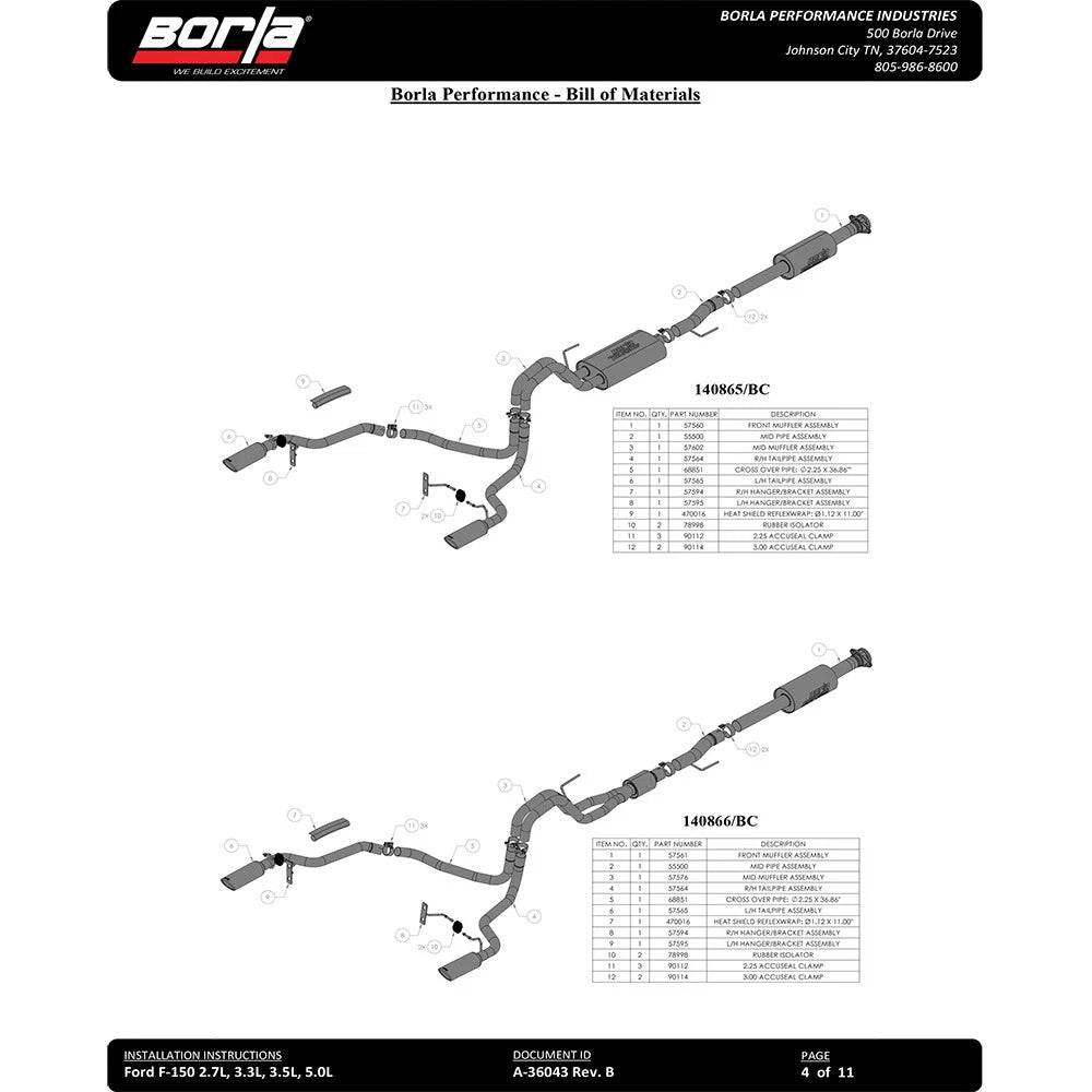 Borla F-150 2021 5.0L 2dr RC SB (122.8 WB) XL/XLT 3/2.25 SRE Cat-Back ATAK Black Chrome Tips