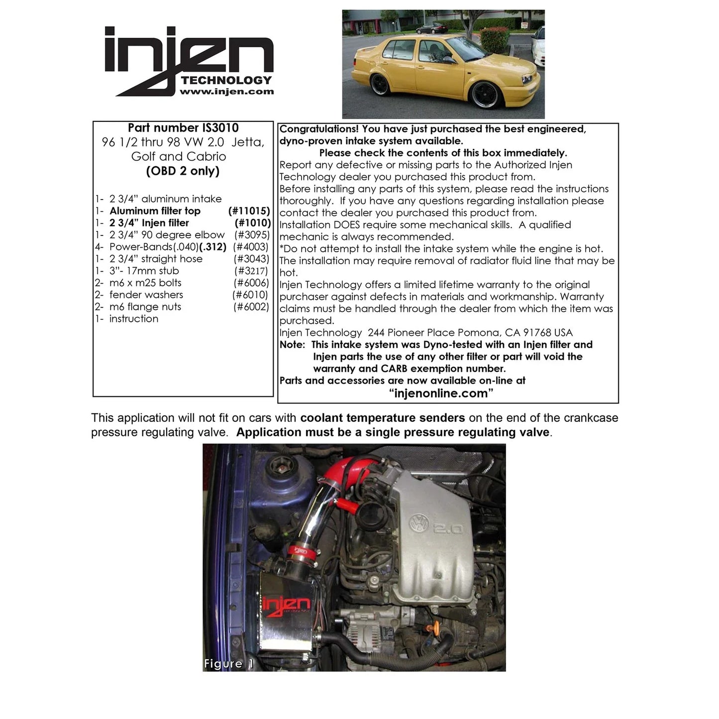 Injen 96-98 Jetta / Golf 2.0L OBD2 Only Single Pressure Regulating Valve Only Black Short Ram Intake