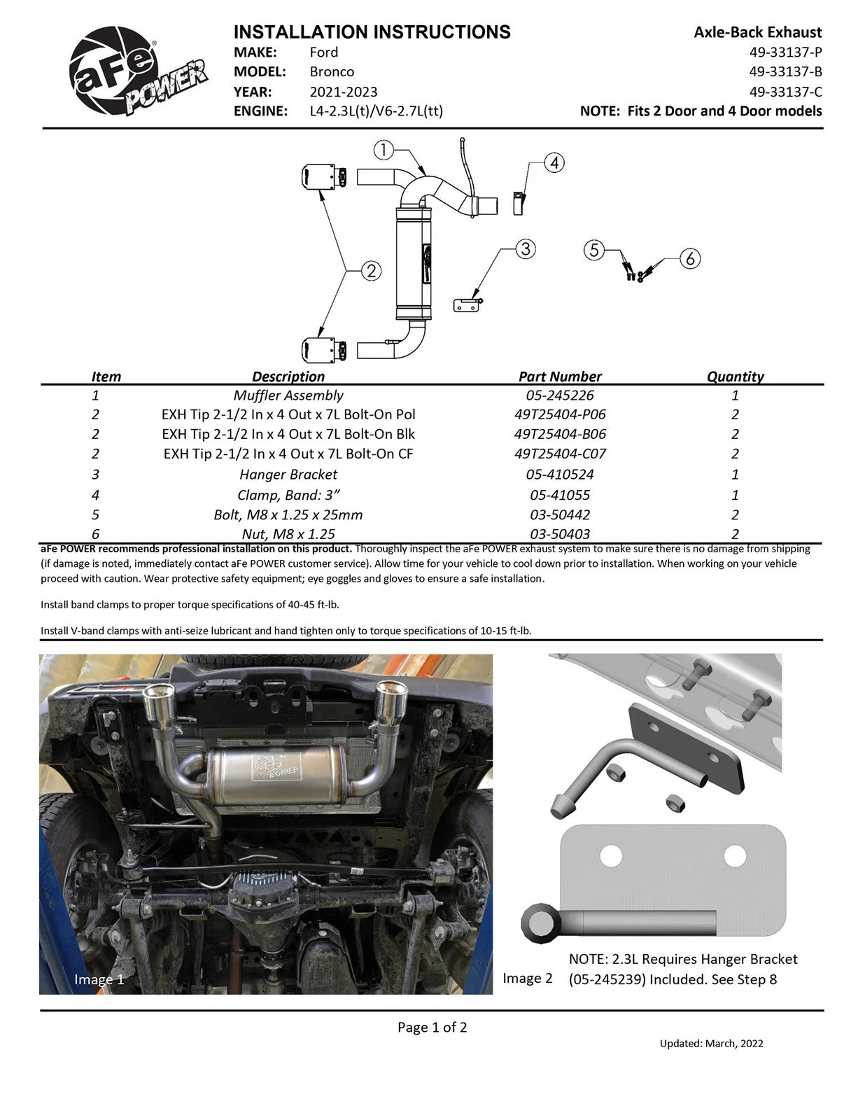aFe Vulcan 3in 304 SS Axle-Back Exhaust 2021 Ford Bronco L4-2.3L (t)/V6-2.7L (tt) w/ Black Tips