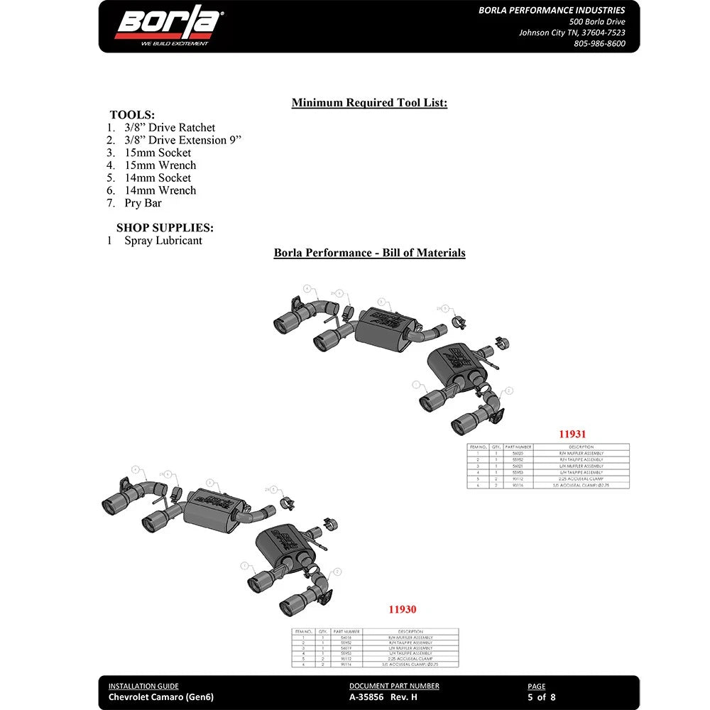Borla 16 Chevy Camaro SS 6.2L w/ Dual NPP Atak Quad RD RL Tips Dual Exit Rear Section Exhaust