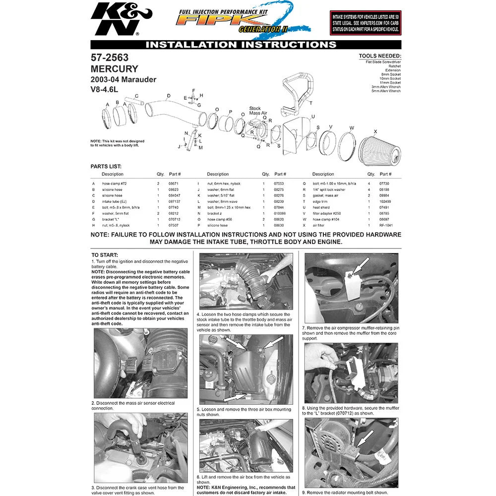 K&N 03-04 Mercury Marauder V8-4.6L Performance Intake Kit