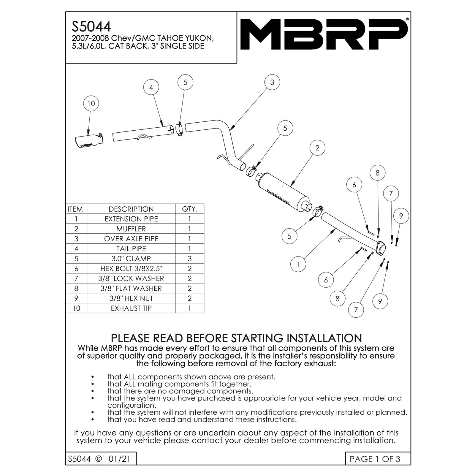 MBRP 2007 Chev/GMC Yukon/Chev Tahoe 5.3 L Cat Back Single Side