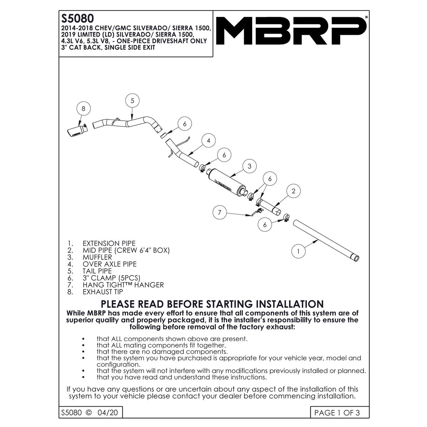 MBRP 14-17 Chevrolet Silverado 1500 4.3/5.3L 3in Cat Back Single Side Exit Black Exhaust