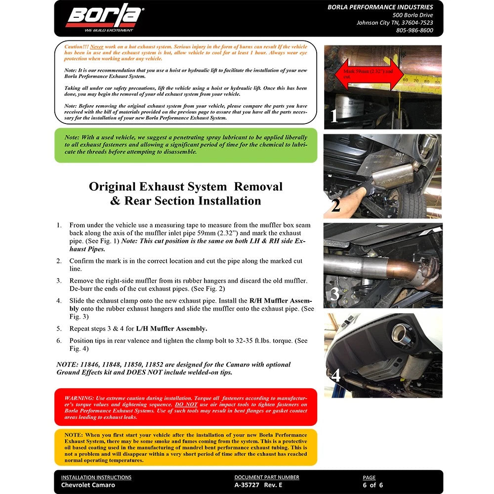 Borla 14-15 Chevy Camaro 3.6L V6 RWD Single Split Rr Exit Touring Exhaust (rear section only)