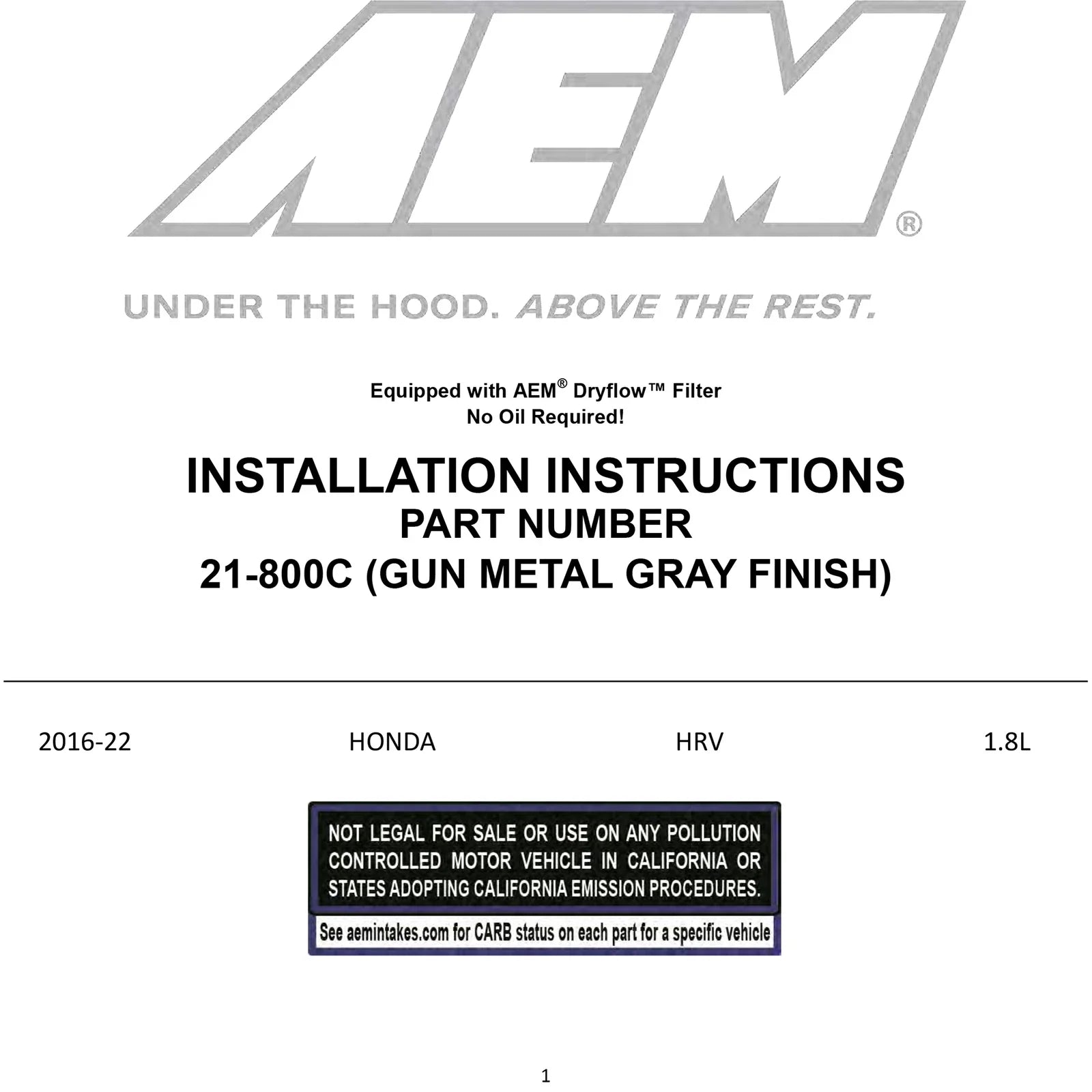 AEM 2016 Honda HR-V L4-1.8L F/I Gunmetal Gray Cold Air Intake