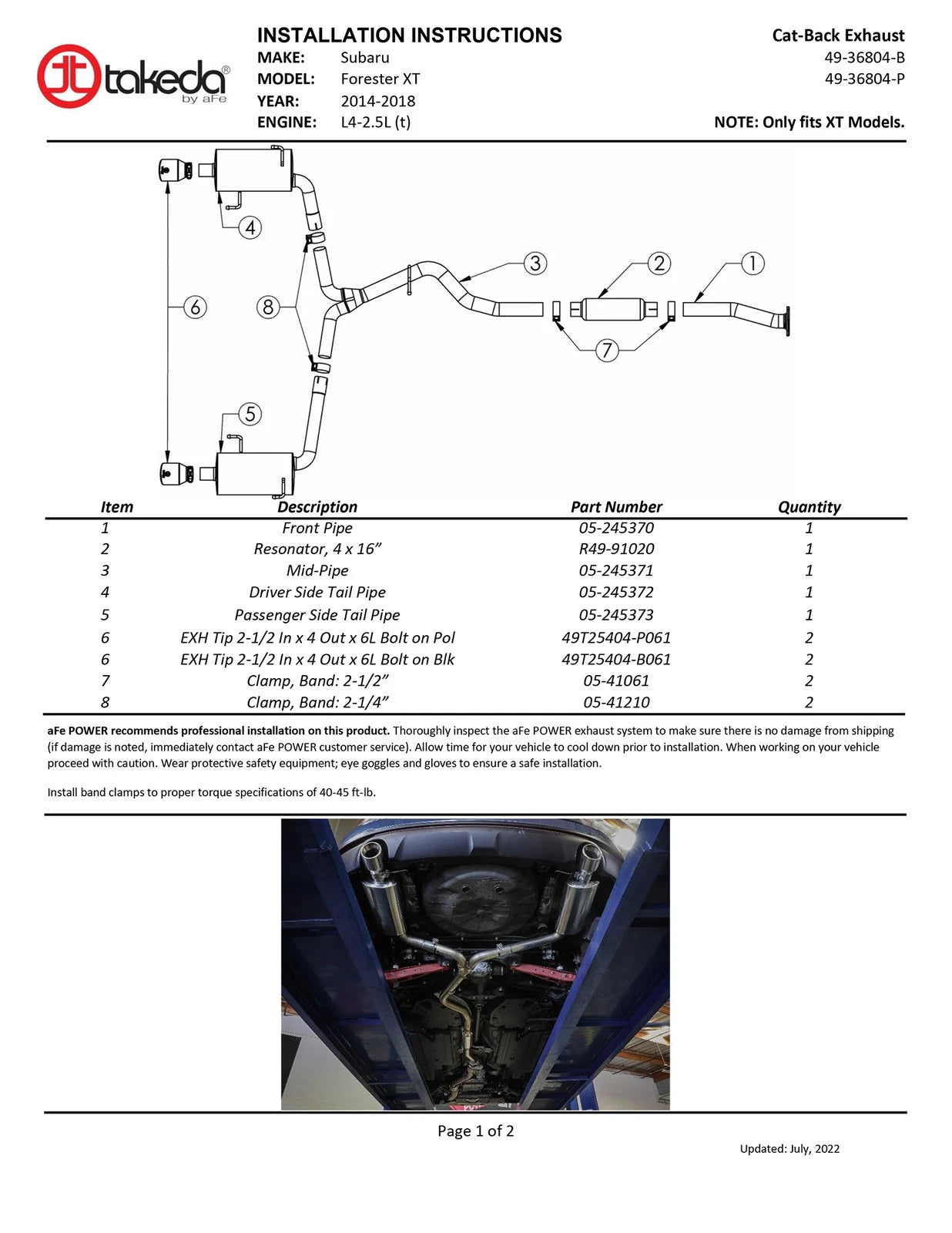 aFe Subaru Forester XT 14-18 H4-2.5L (t) Takeda 2-1/2in to 2-1/4in 304 SS Cat-Back- Black Tip