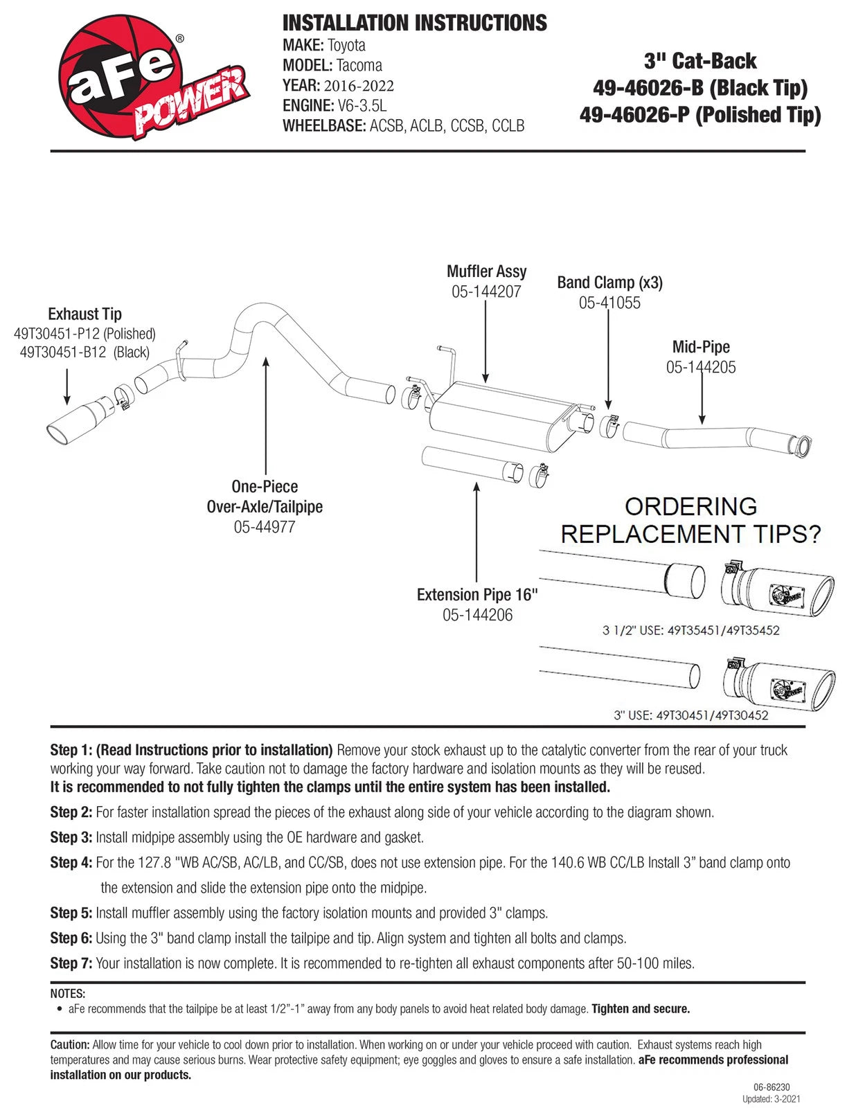 aFe MACHForce XP Cat-Back SS w/Black Tips 16 Toyota Tacoma V6-3.5L