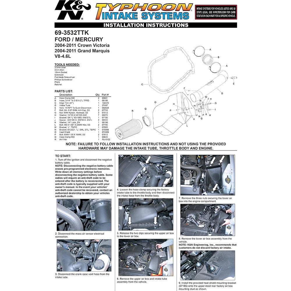 K&N 10-11 Ford Crown Victoria 4.6L V8 / Mercury Grand Marquis 4.6L V8 Black Typhoon Cold Air Intake