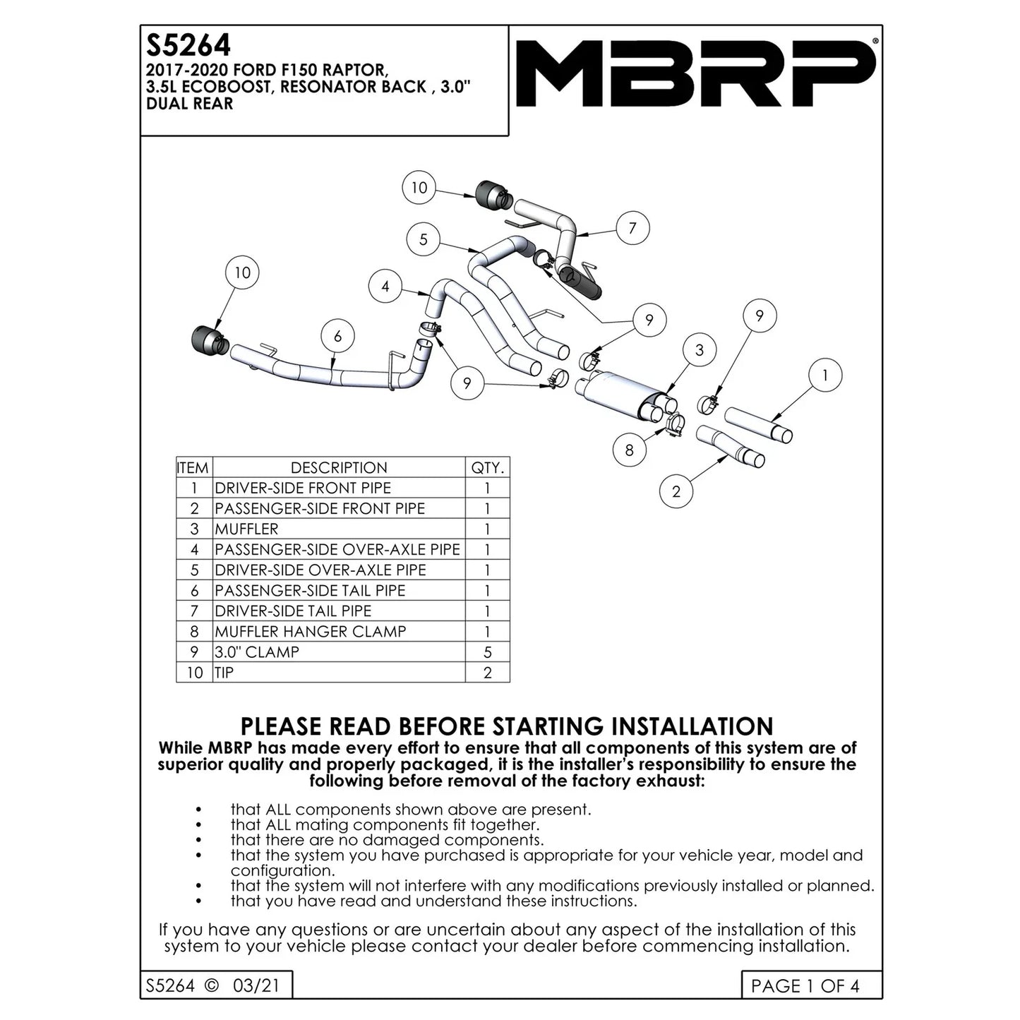 MBRP 17-20 Ford F-150 Raptor 3.5L Ecoboost Dual Rear Exit T409 3in Resonator Back Exhaust System