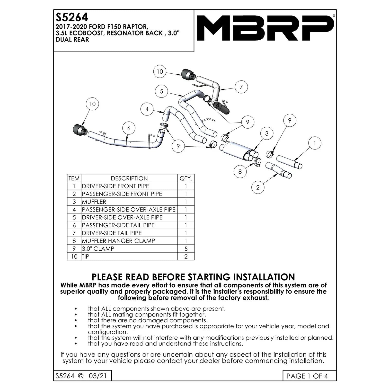 MBRP 17-20 Ford F-150 Raptor 3.5L Ecoboost Dual Rear Exit T409 3in Resonator Back Exhaust System