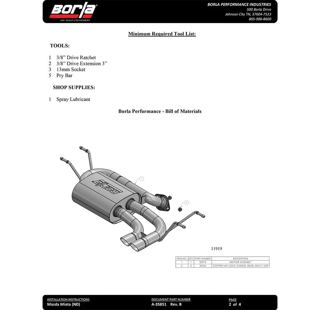 Borla 2016 Mada Miata 2.0L Rear Section S-Type Exhaust