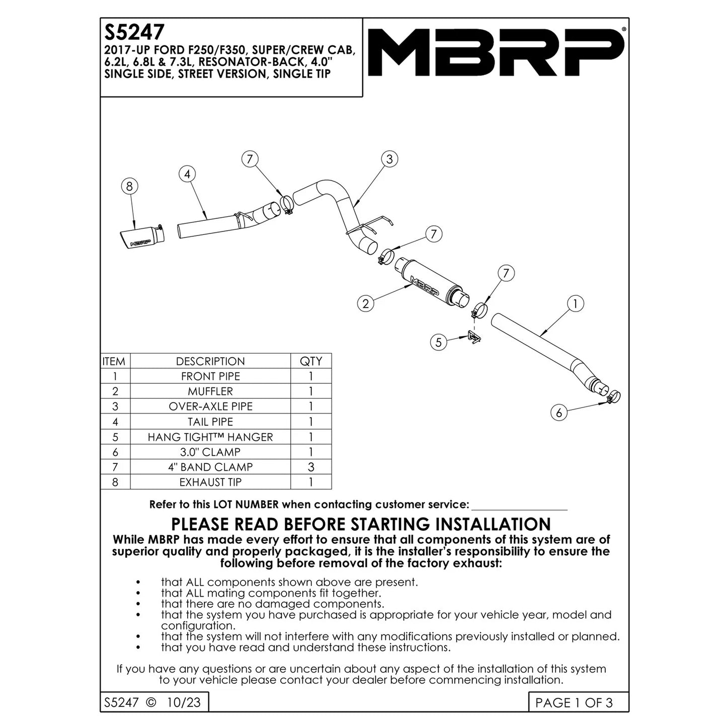 MBRP 2017+ Ford F-250/F-350 6.2L/7.3L Super/Crew Cab Single Side 4in T304 Catback Exhaust