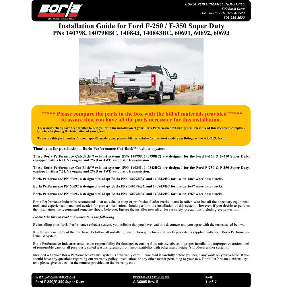 Borla 20-22 F-250/F-350 SUPER DUTY 7.3L V8 AT 2WD / 4WD 4DR WB142 S-TYPE Cat Back S RD RL AC S BLACK