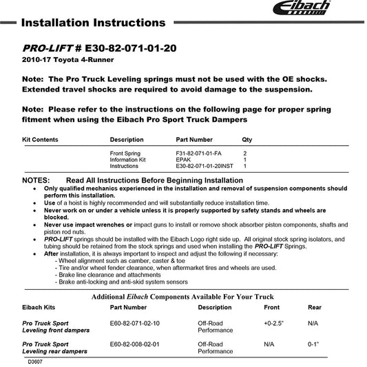 Eibach Pro-Truck Lift Kit for 2010+ Toyota 4Runner - Front (Must Be Used w/ Pro-Truck Front Shocks)