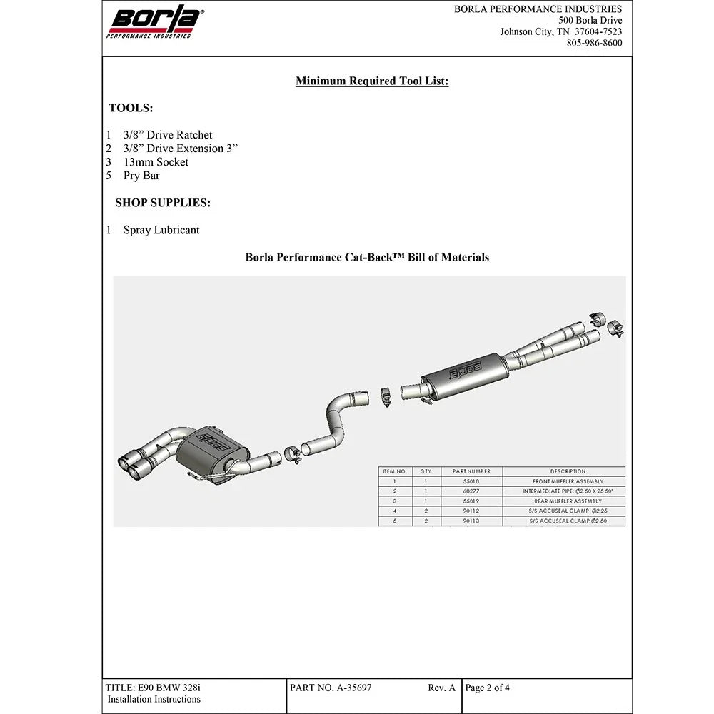 Borla 08-12 BMW 328i Sdm E90 2.0L RWD Dual Left Rear Exit Touring Cat-Back Exhaust