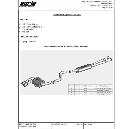 Borla 08-12 BMW 328i Sdm E90 2.0L RWD Dual Left Rear Exit Touring Cat-Back Exhaust