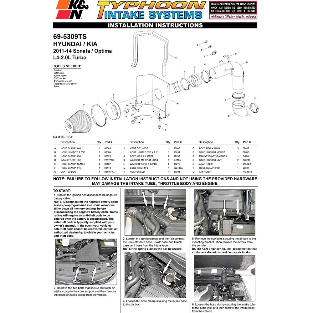 K&N 11-13 Hyundai Sonata 2.0L L4 Turbo / 11-13 Kia Optima 2.0L L4 Turbo Typhoon Intake